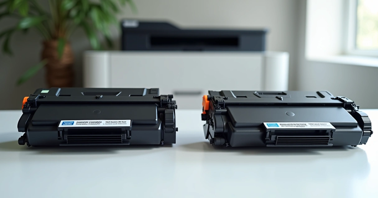 Dois cartuchos de toner lado a lado, um original e outro compatível 