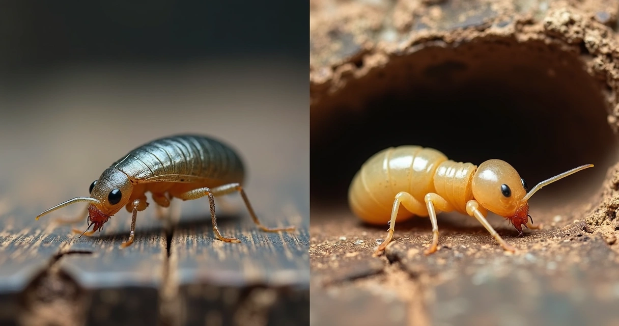 Traça e cupim lado a lado em superfície de madeira. 