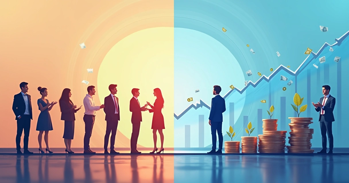 Comparativo gráfico entre valuation humano e capital financeiro com ilustrações de pessoas e gráficos financeiros 