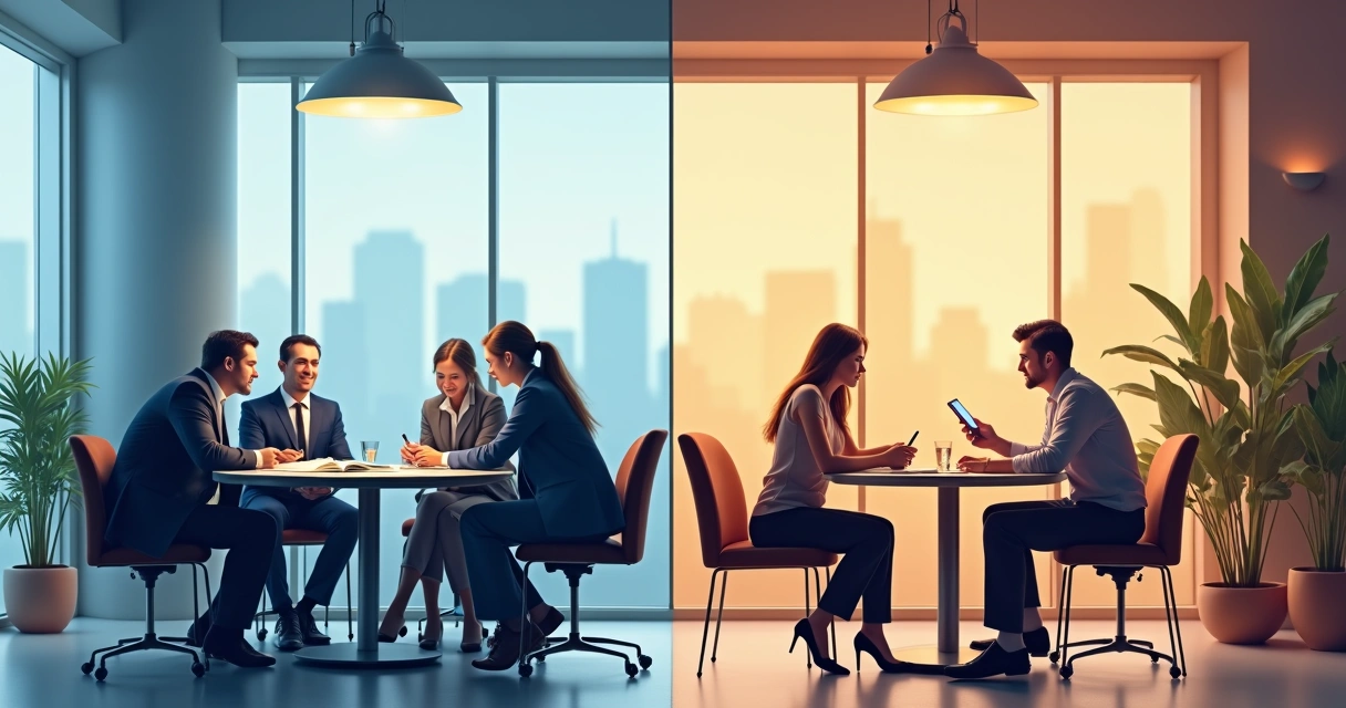 Duas mesas, uma com reunião entre executivos e outra com consumidor individual 