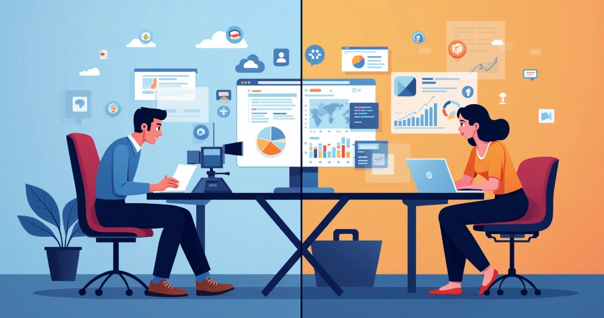 Comparação visual entre assessoria de imprensa e marketing digital