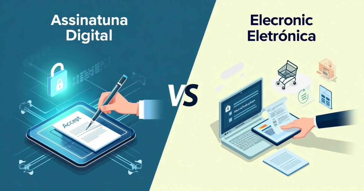 Ilustração comparativa das diferenças entre assinatura digital e assinatura eletrônica, com elementos tecnológicos e simples.