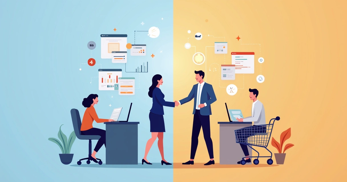 Quadro comparativo entre vendas B2B e B2C, apresentado de forma lúdica 