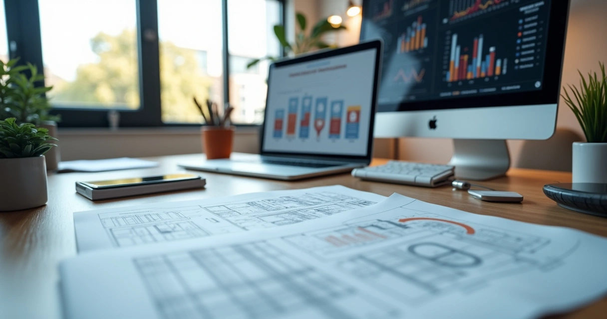 Mesa de escritório com documentos da construção civil, computador com sistema de cadastro e gráficos digitais em tela 
