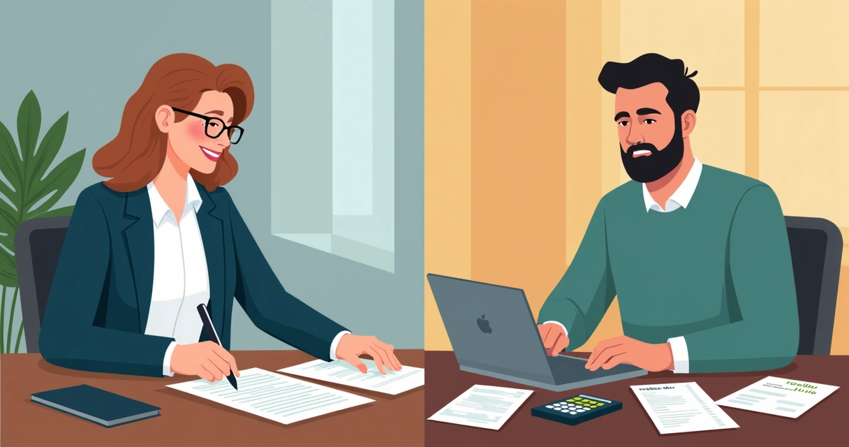 Comparação visual entre pessoa com contrato de trabalho e outra com recibos verdes
