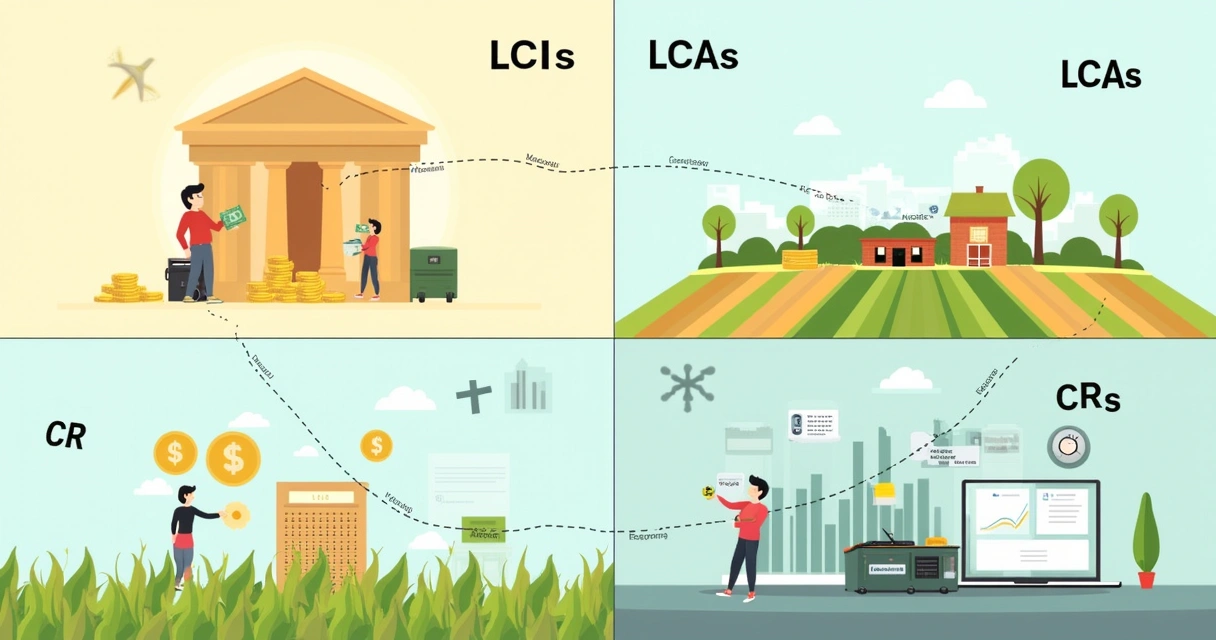 Ilustração mostrando diferenças entre CRIs, CRAs, LCIs e LCAs com quatro quadrantes temáticos.