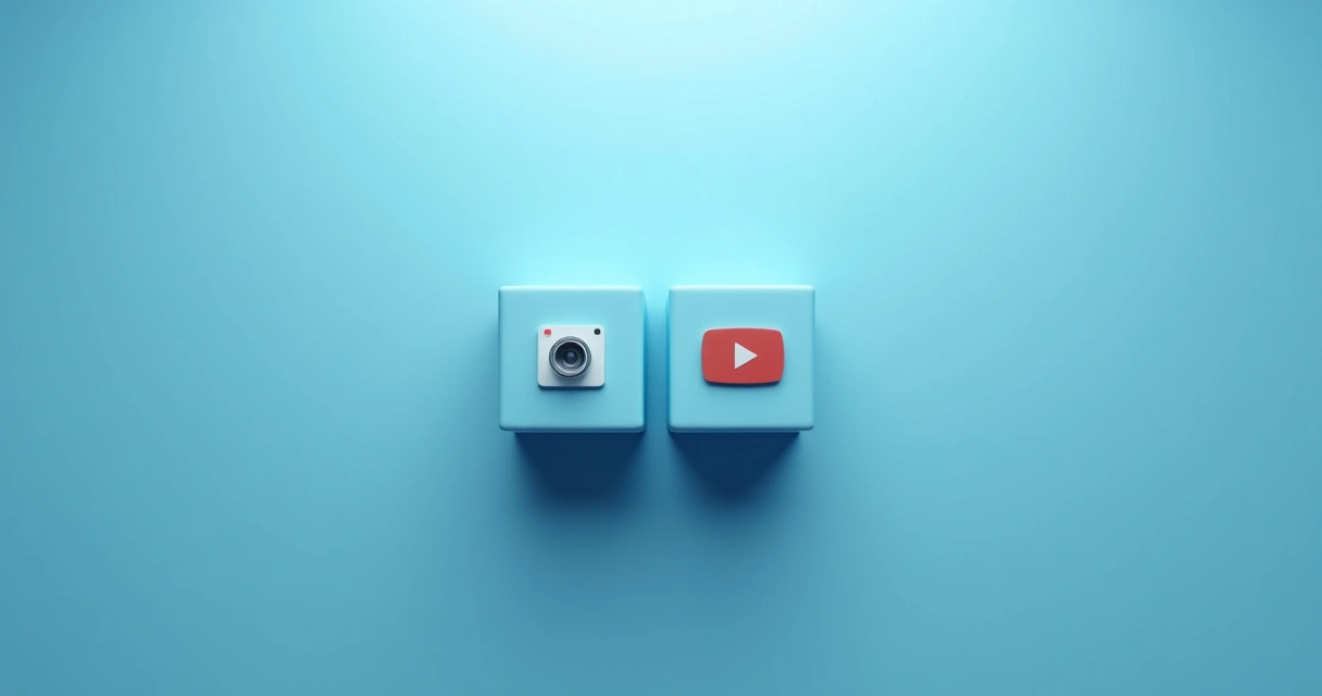 Ícones de imagem e vídeo lado a lado, sobre fundo profissional azul claro, representando escolhas de formato 