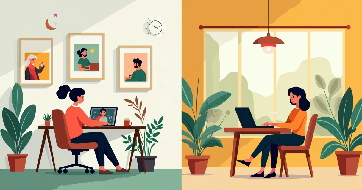 Divisão entre home office tranquilo em casa e área de trabalho remoto animada em um café.