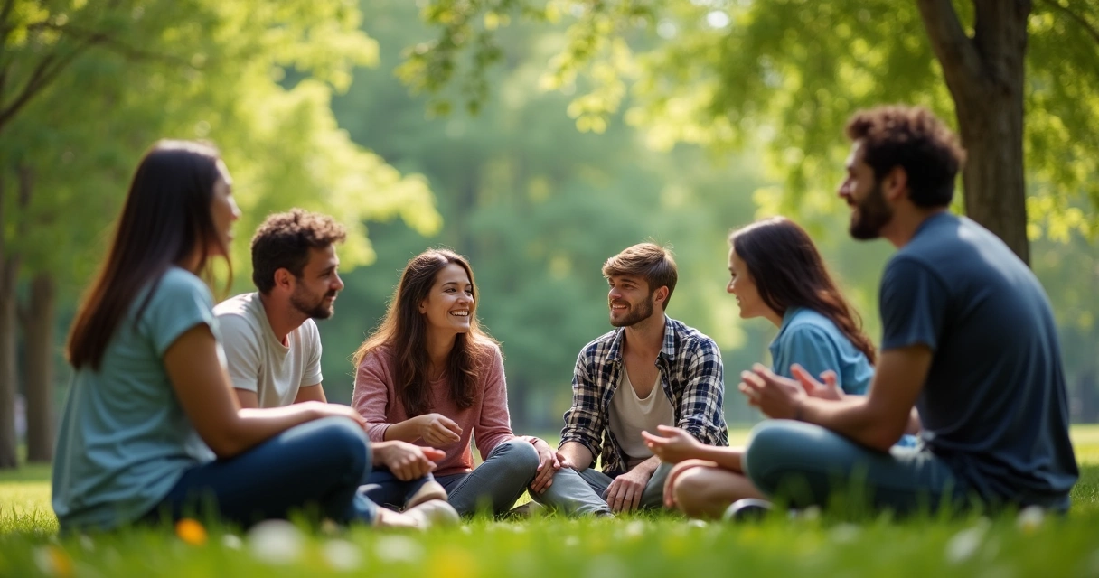 Grupo de pessoas com diferentes idades interagindo em ambiente aberto 