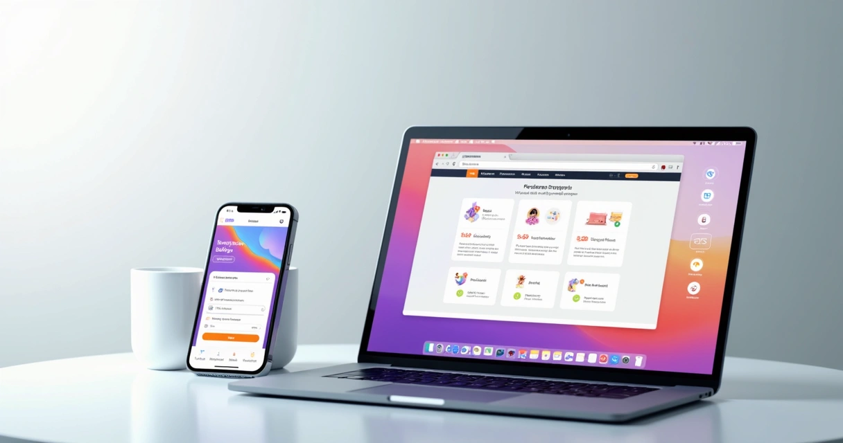 Tela comparativa entre aplicativo mobile e web em notebooks e smartphones