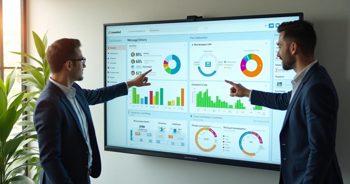 Empresários analisando dashboards com notificações de Slack e WhatsApp