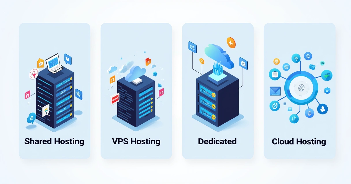 Ilustração das diferenças entre hospedagem compartilhada, VPS, dedicada e nuvem 