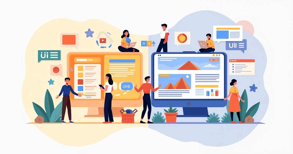 Ilustração que mostra as diferenças entre design UX e UI, com interfaces amigáveis e usuários satisfeitos.