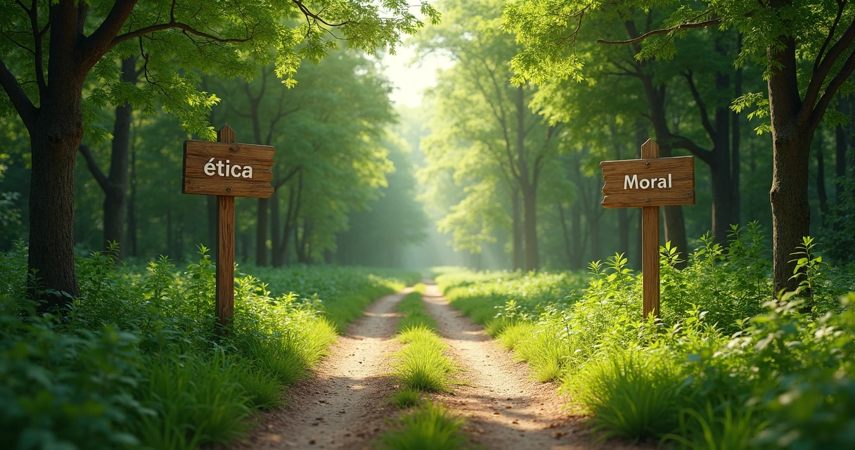 Dos caminos diferentes en un bosque, cada uno con un cartel, uno dice ética y el otro dice moral