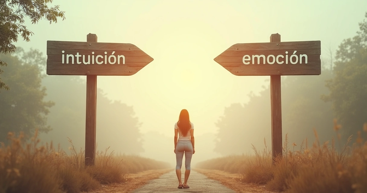 Persona parada en un cruce de caminos bajo dos señales, una señala 'intuición' y otra 'emoción', colores suaves, ambiente reflexivo