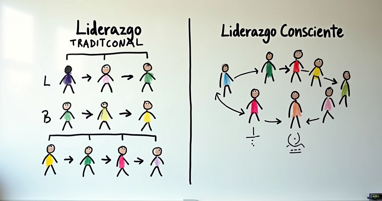 Comparación de liderazgo tradicional y consciente en pizarra 
