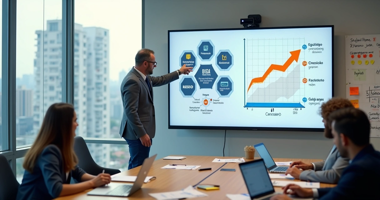 Dono de agência digital analisando estratégia diferenciada em mesa de reunião moderna 