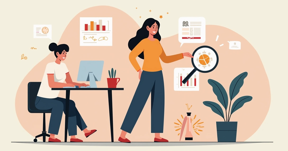 Ilustração flat corporativa mostrando mulher empreendedora destacando sua marca com elementos de design e tecnologia 