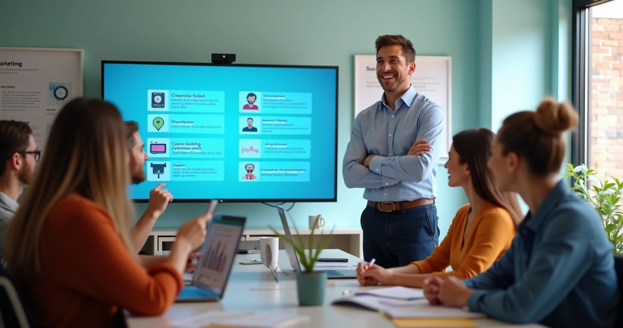 Equipe Envox mostrando diferenciais em tela de apresentação 