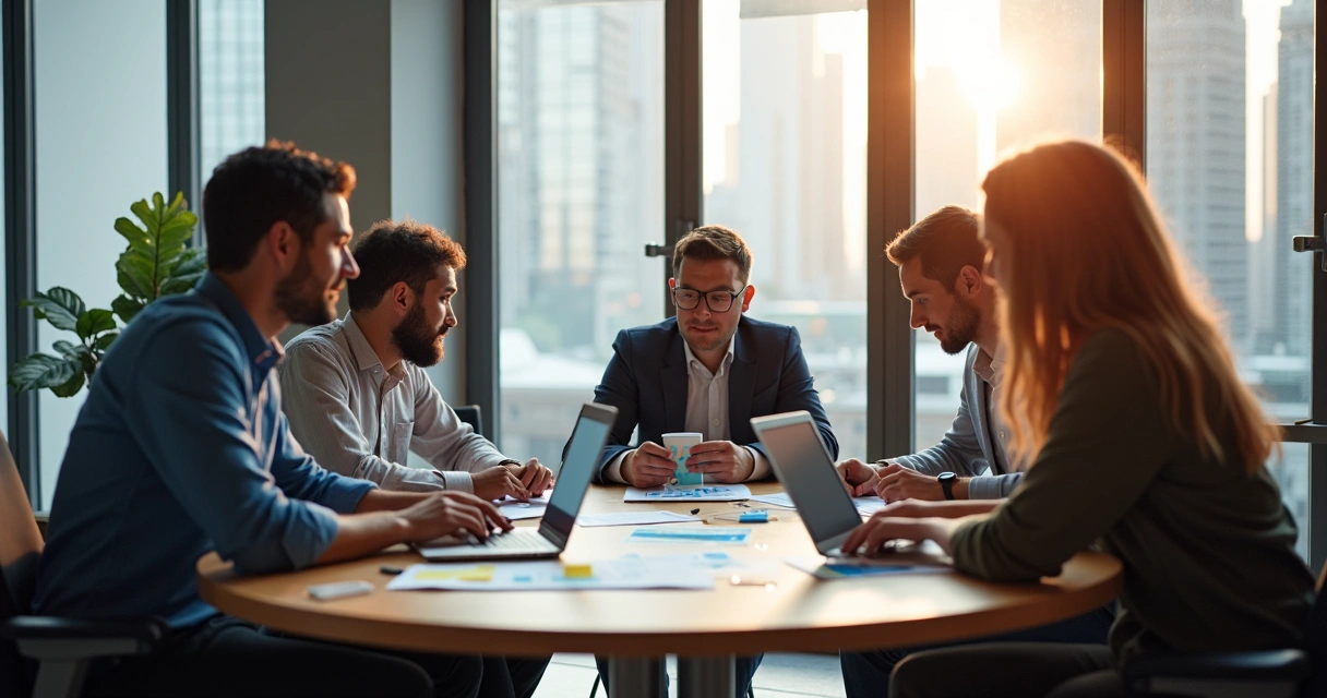 Equipe criativa de agência de marketing discute estratégias digitais em mesa redonda 