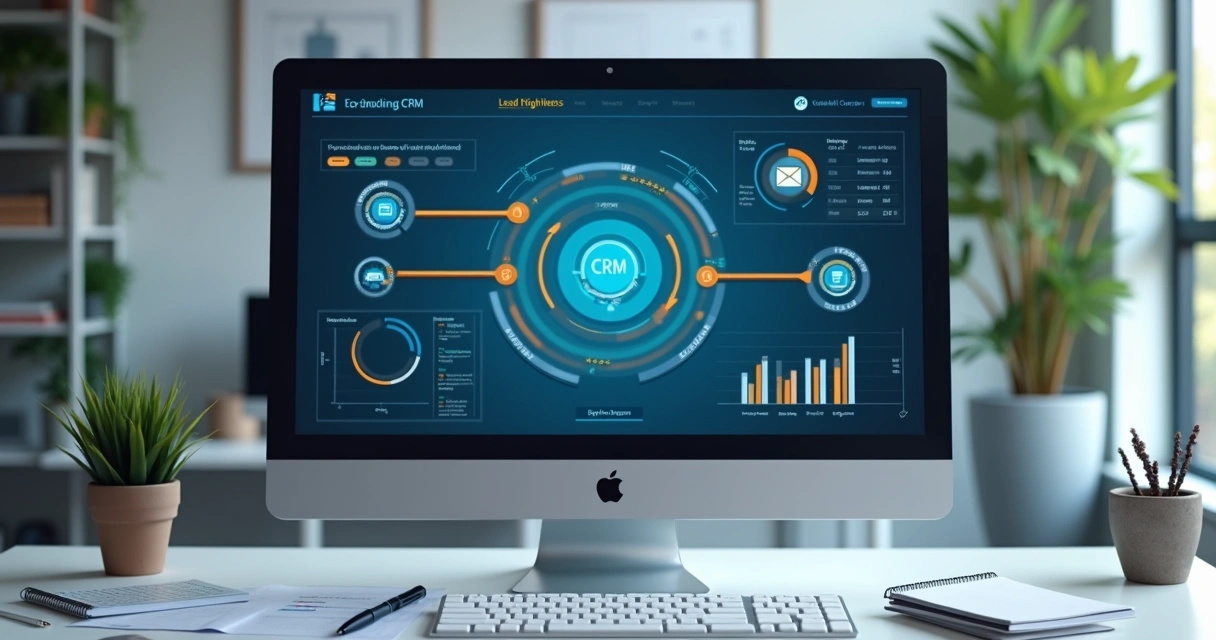 Destaques de um CRM visualizado em tela digital 