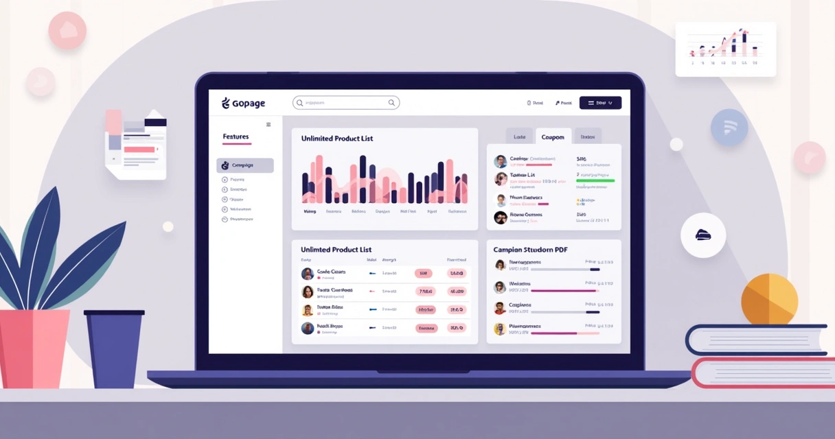Painel de plataforma Gopage com métricas, lista de produtos e destaque para recursos ilimitados 