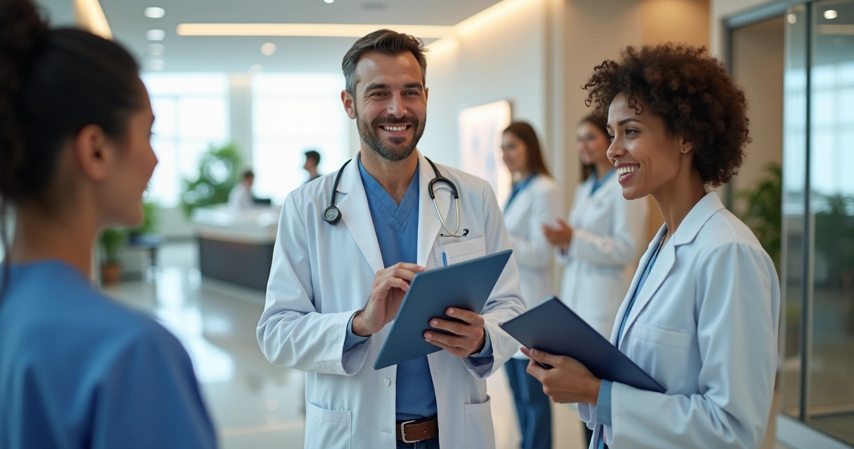 Equipe médica reunida, com consultório elegante, transmitindo confiança 