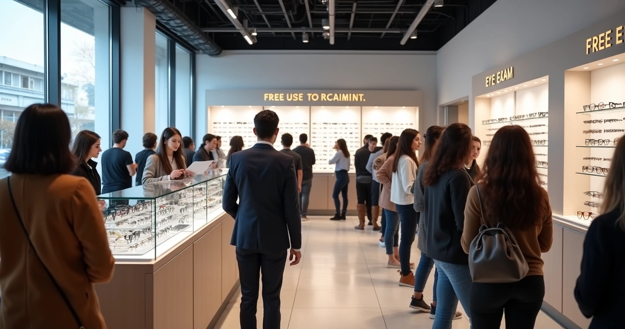 Ótica moderna com fila organizada para exame de vista gratuito 