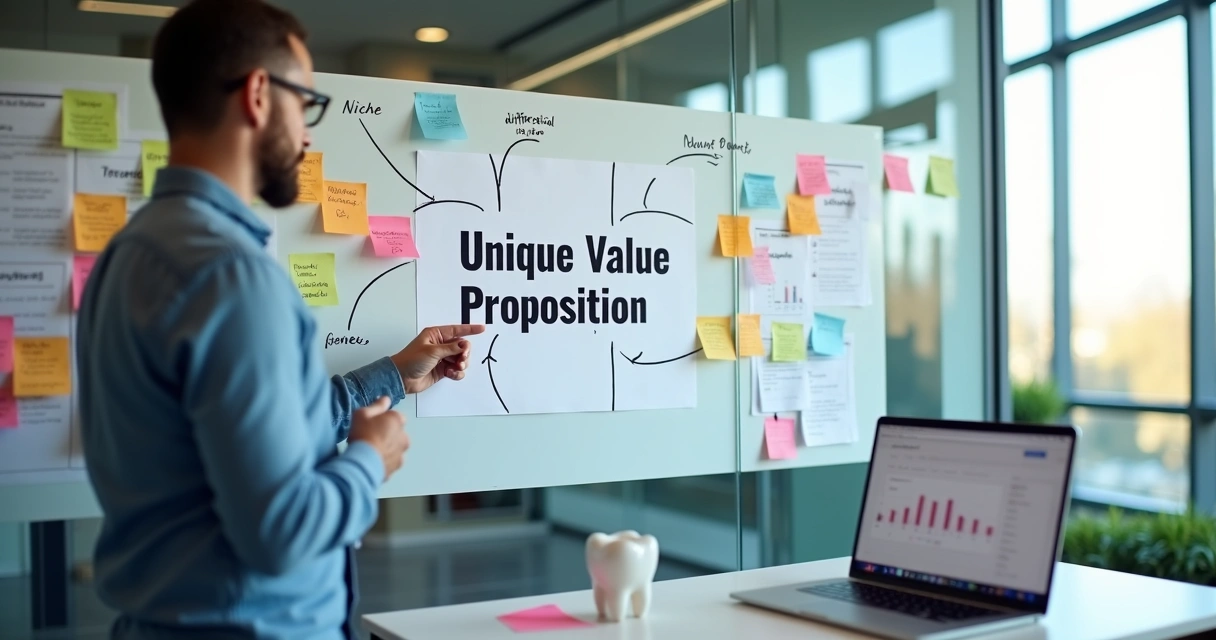 Profissional apontando para quadro com proposta única de valor destacada 