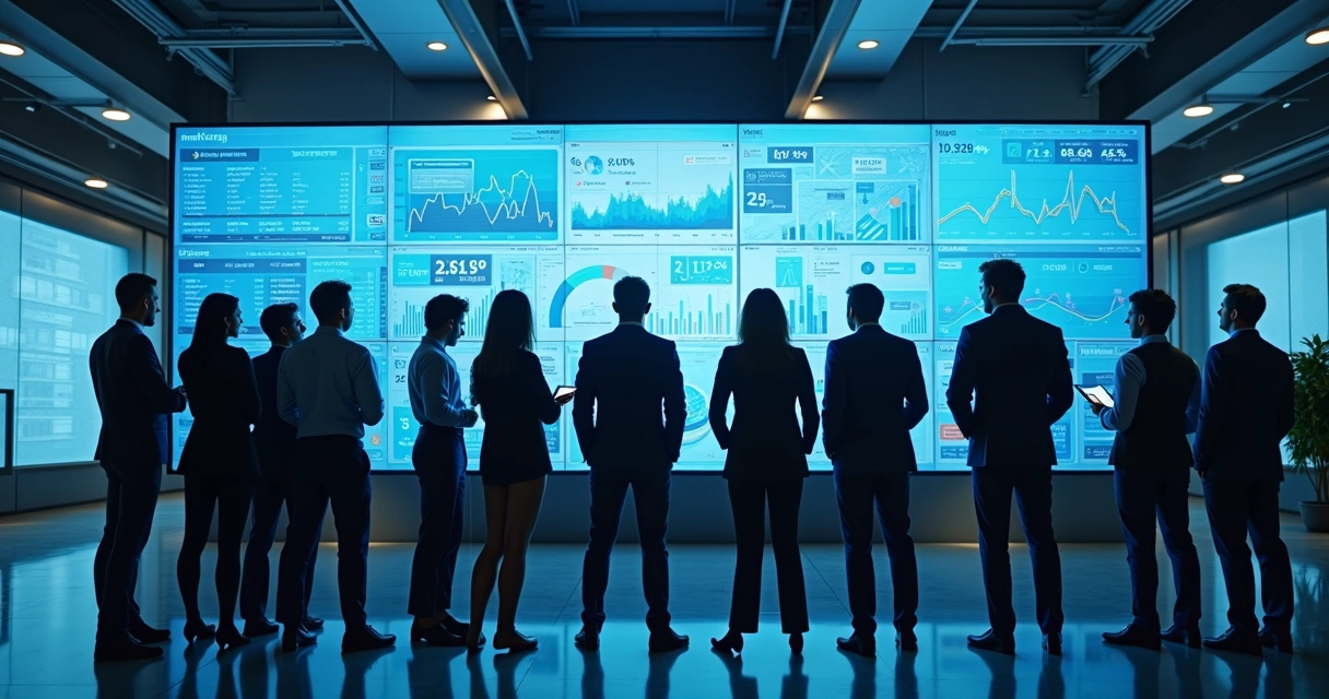 Equipe analisando painéis digitais de marketing e indicadores de vendas na parede