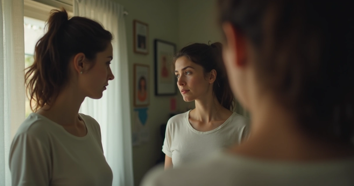 Pessoa diante do espelho com semblante reflexivo 