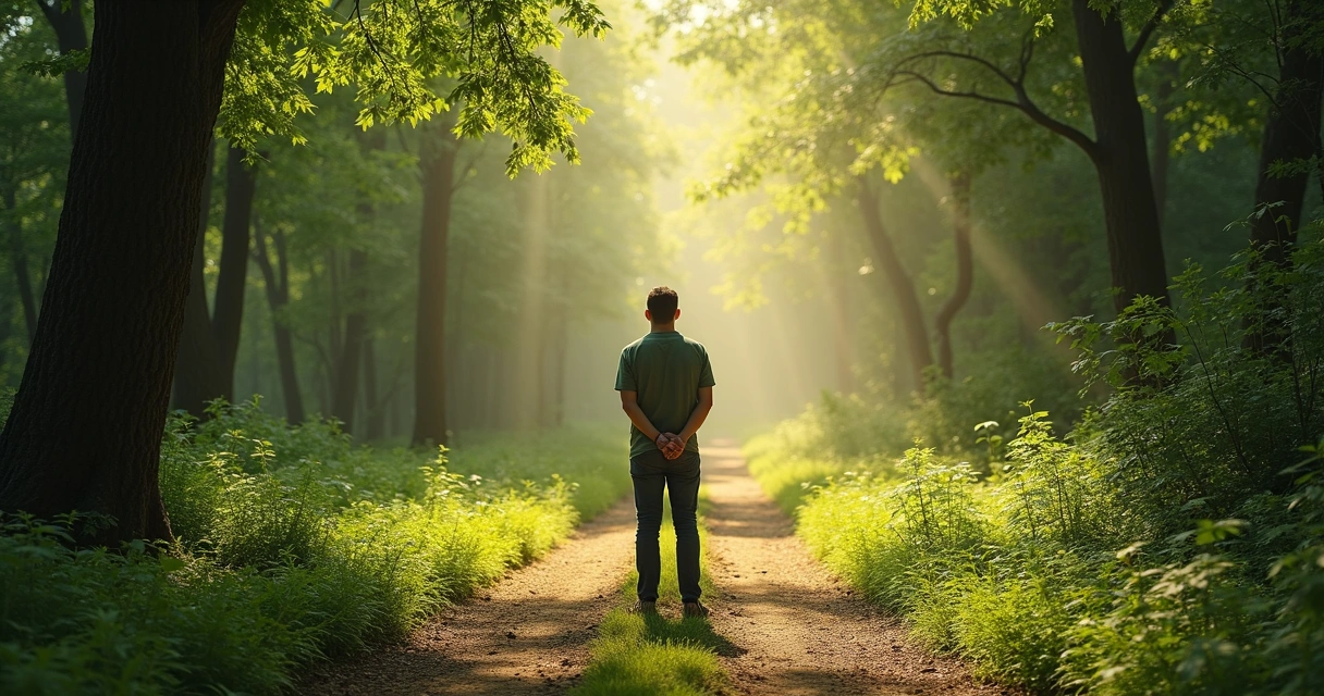 Persona pensativa frente a dos caminos en un entorno natural 
