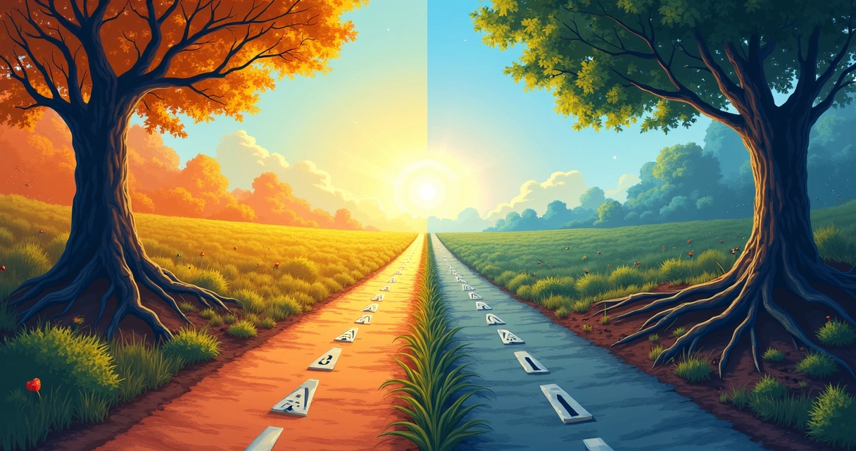 Dibujos de dos caminos, uno colorido con señales de meta y otro centrado en raíces y ramas 