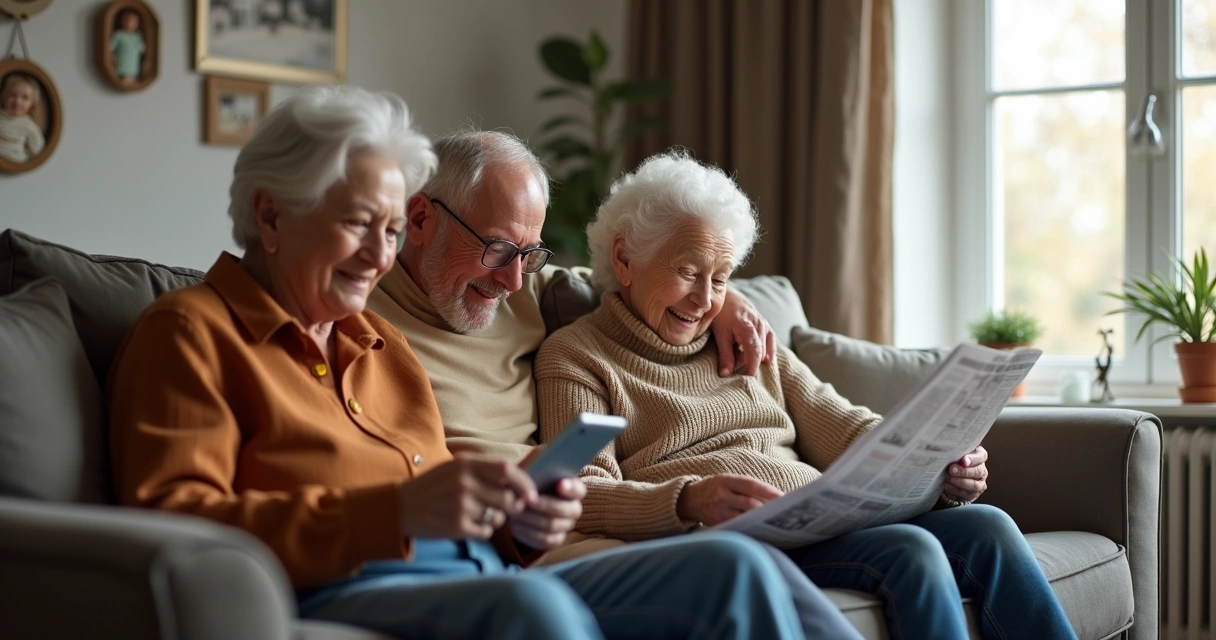 Tres generaciones de familia sentadas en un salón, cada una mirando un dispositivo diferente, reflejando distancia por la tecnología. 
