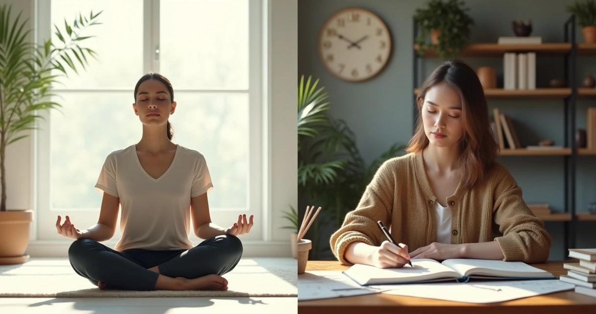 Dos personas sentadas reflexionando en ambientes distintos, una meditando y otra escribiendo en un cuaderno 