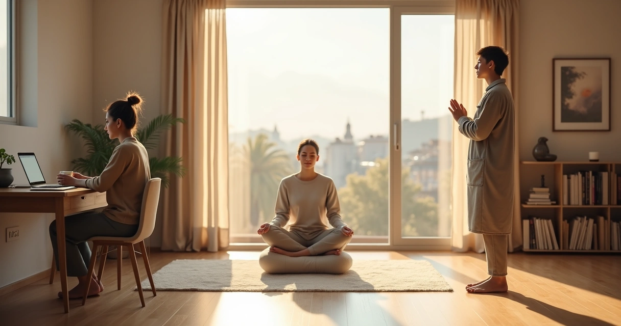 Comparación visual entre mindfulness, meditación y atención plena en una misma escena 