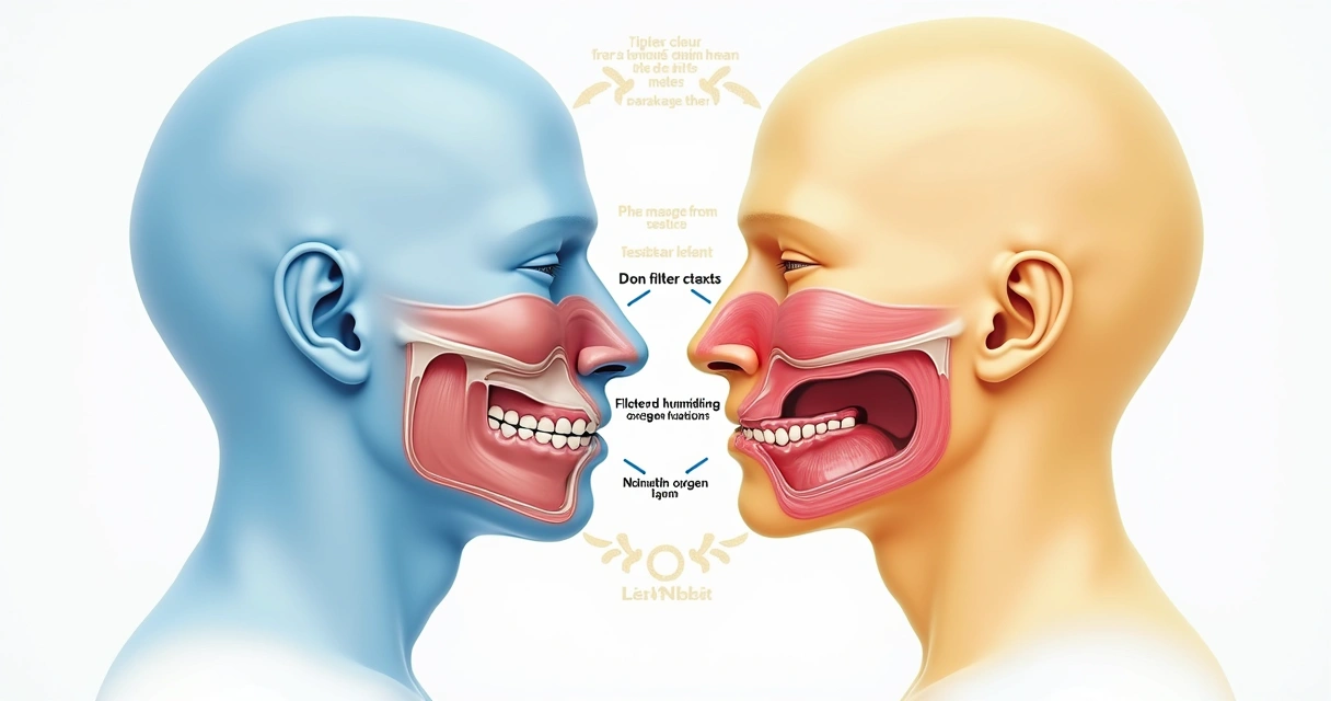 Esquema comparativo de un perfil humano mostrando los efectos internos de la respiración nasal frente a la bucal.