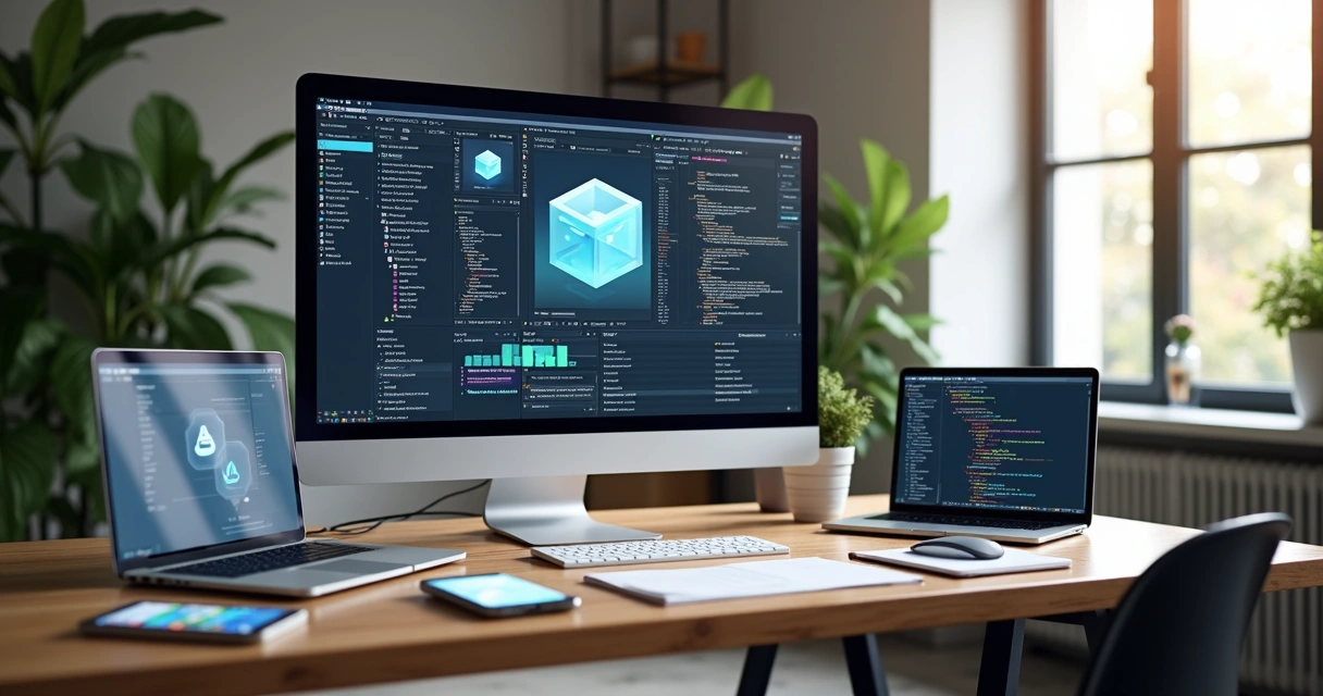 Mesa de trabalho com monitor mostrando interfaces visuais de no-code e low-code, código tradicional aberto em editor, ao lado de laptops e anotações, ambiente moderno e iluminado 