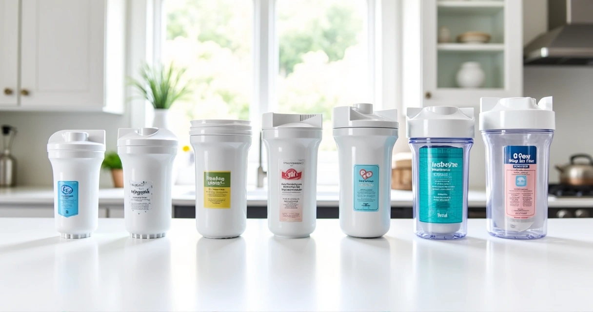 Diferentes modelos de filtro de água para geladeira alinhados 