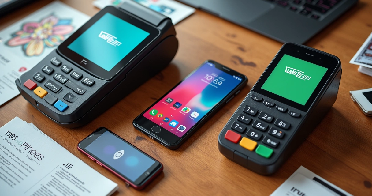 Diversos modelos de maquininhas dispostas sobre uma mesa, incluindo modelos tradicionais, miniPOS e um smartphone com NFC ativo 