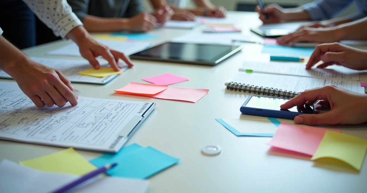 Mesa com vários materiais de treinamento, como notebooks, tablets, blocos de notas e cartões coloridos 