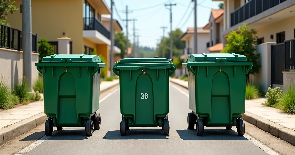 Caçambas de diferentes tamanhos alinhadas em uma rua residencial 