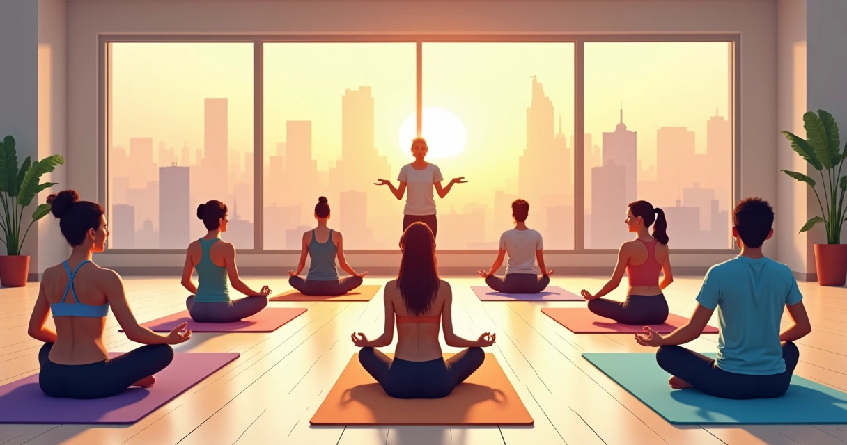 Praticantes de yoga com tipos de corpos variados em um estúdio 