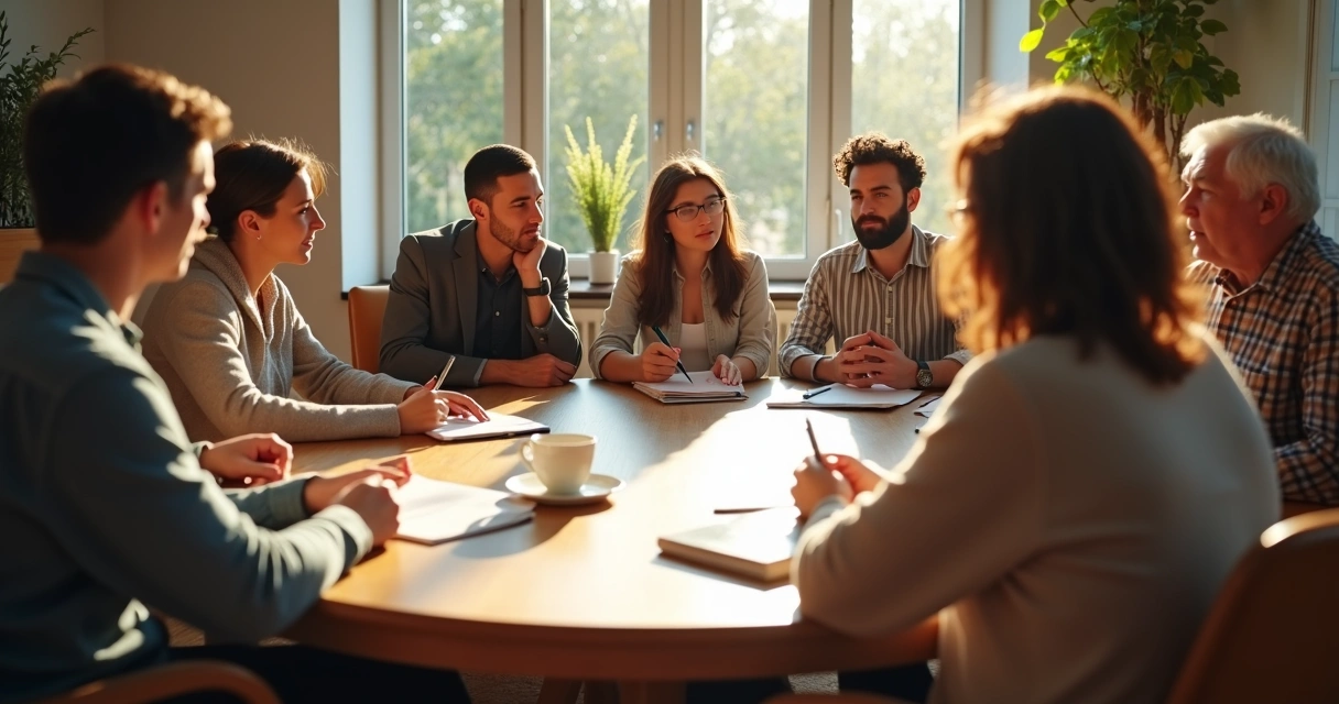 People from diverse backgrounds talking at a round table 