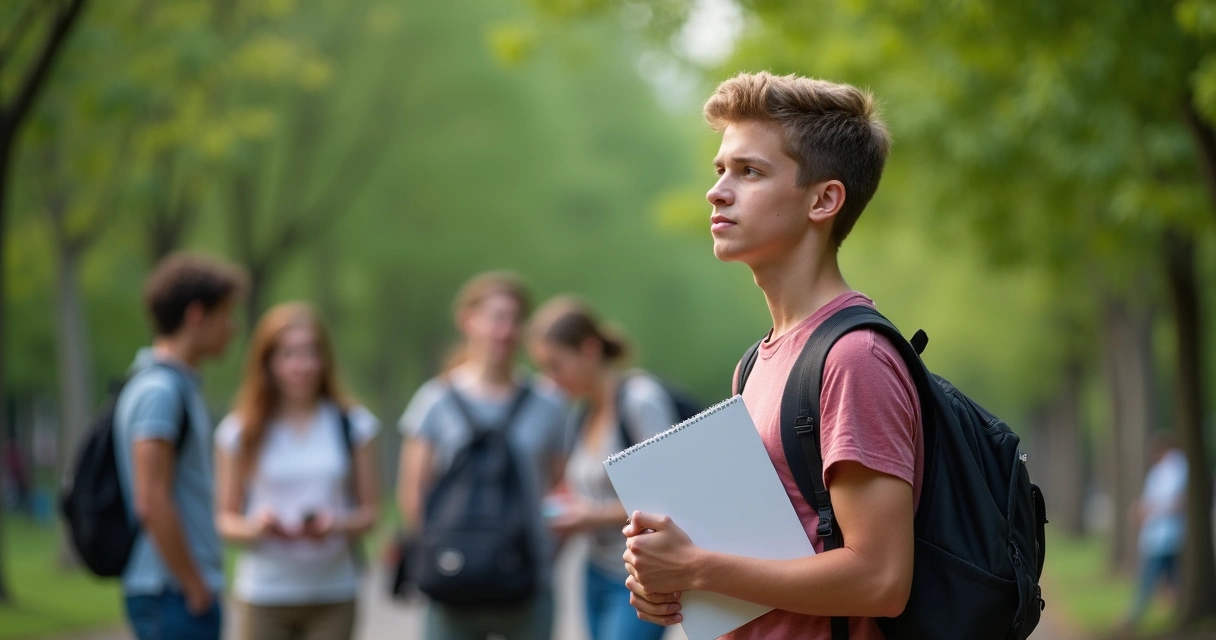 Young person standing apart from group holding a notebook 