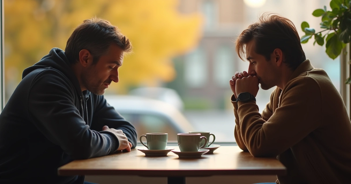 Two adults sitting at a cafe table, both looking hesitant, with a visible tension in the air between them