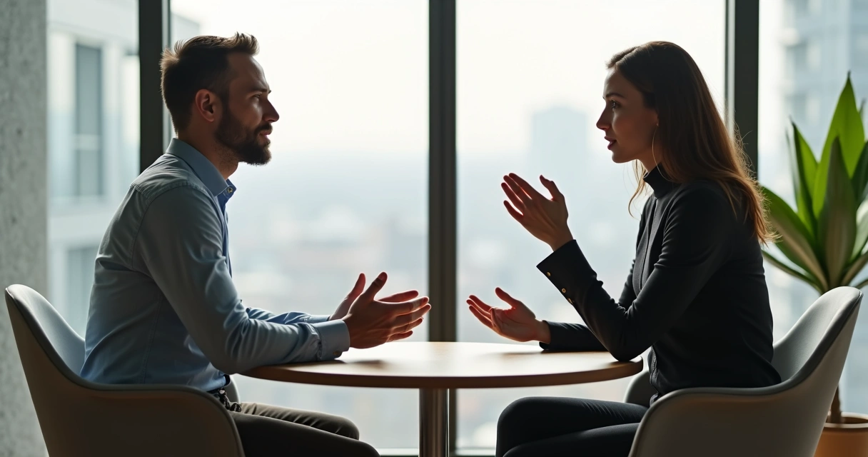 Two people in a calm office having a thoughtful difficult conversation 