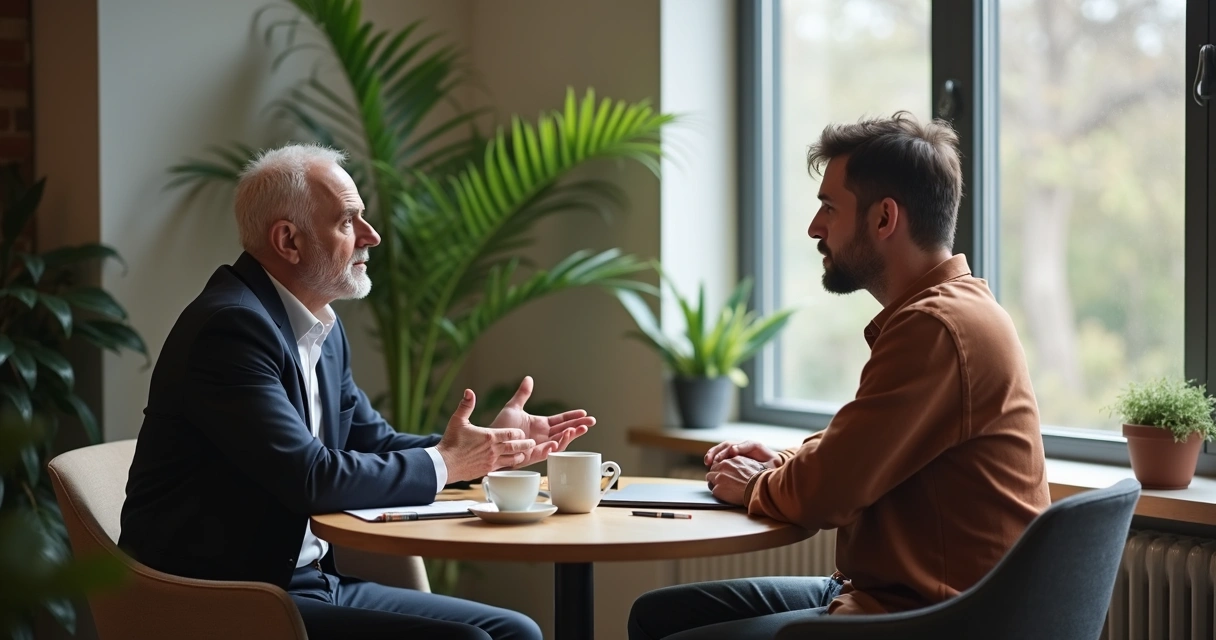 Two people in a serious conversation at a table, listening calmly and openly 