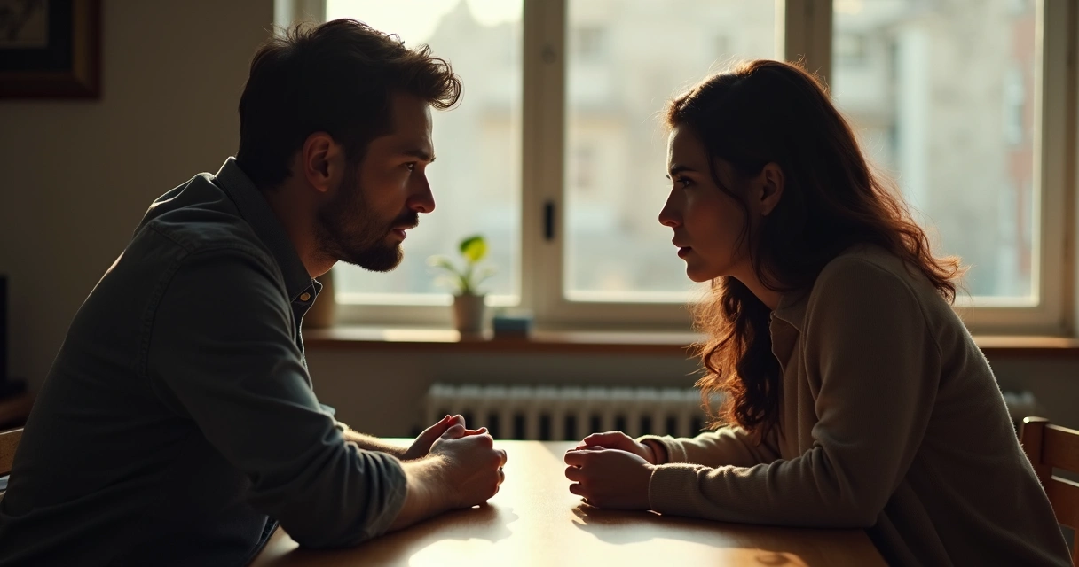 Two people facing each other at a table, expressing serious emotions during a conversation