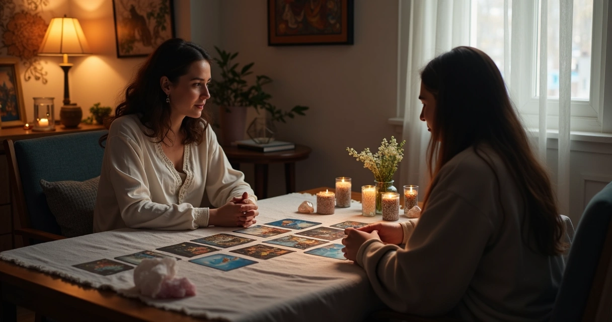 Tarot reader and client discussing challenging cards in a safe space 
